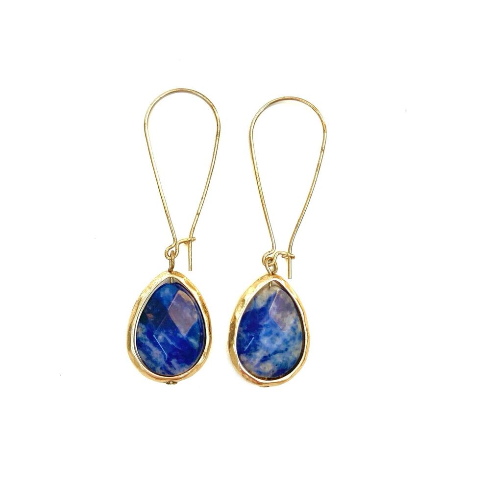Vintage Sodalite Teardrop Earrings Gold Plate |  Long Dangle | Blue Sumer Glam